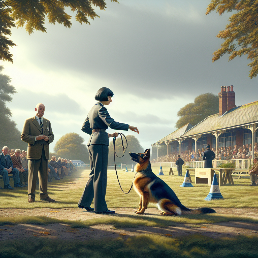 Trainer and German Shepherd practising a calm ring entry warm up outside a UK competition field