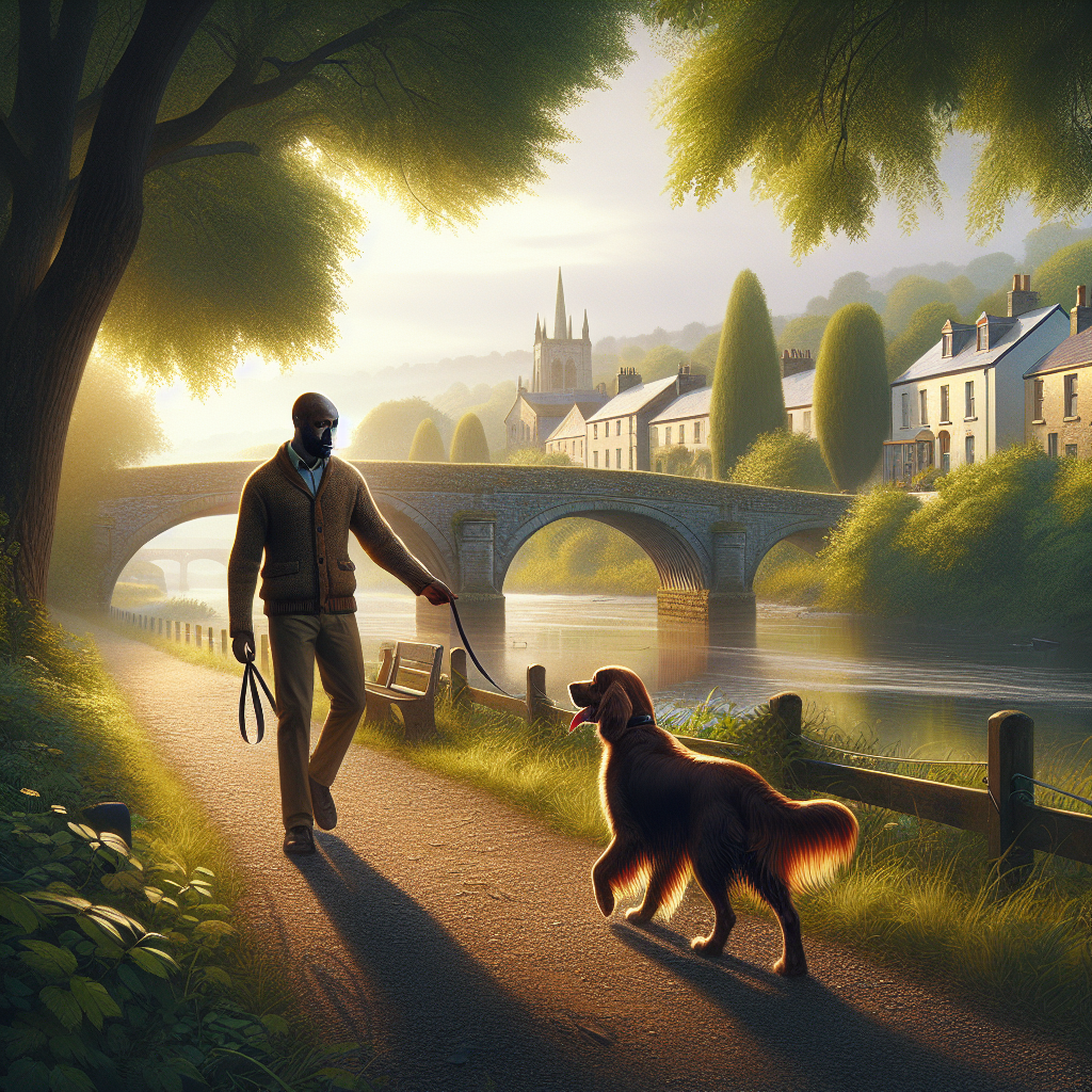 Professional dog trainer heeling a calm dog along a riverside path in Lisburn with green trees and a stone bridge in soft evening light