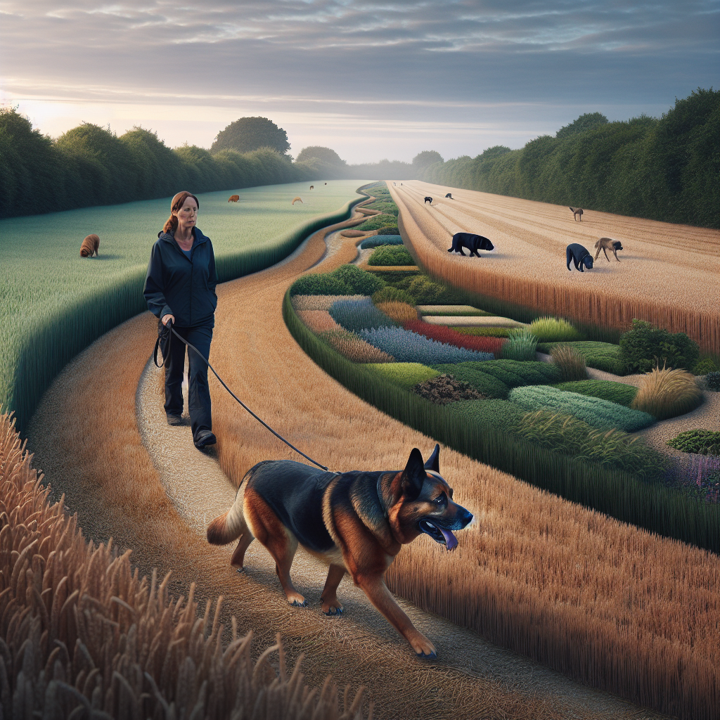 Dog and handler practising tracking across grass, woodland, field stubble, sand, and pavement in the UK