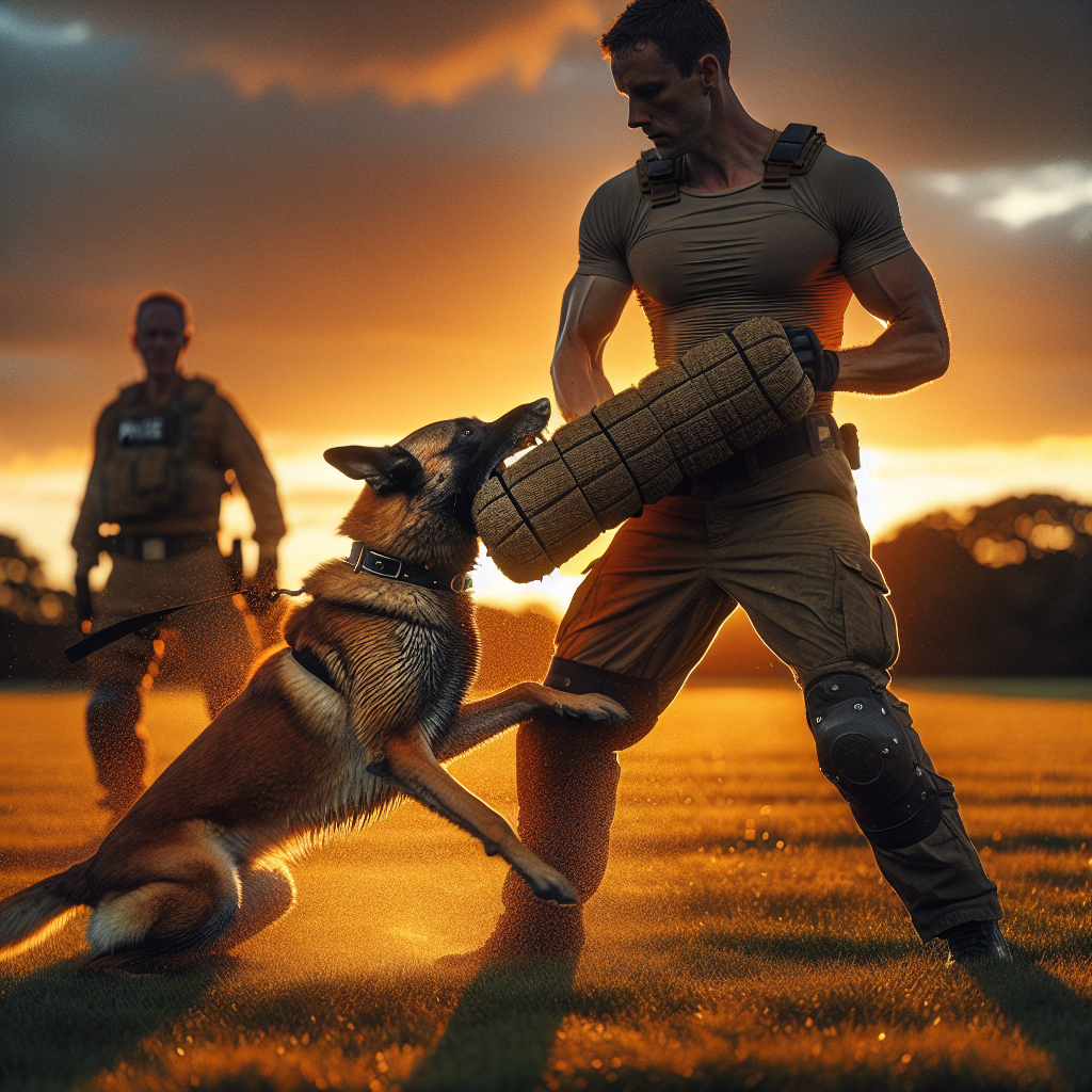 Malinois releasing a bite sleeve on cue during IGP training with handler and helper on a UK field at sunset