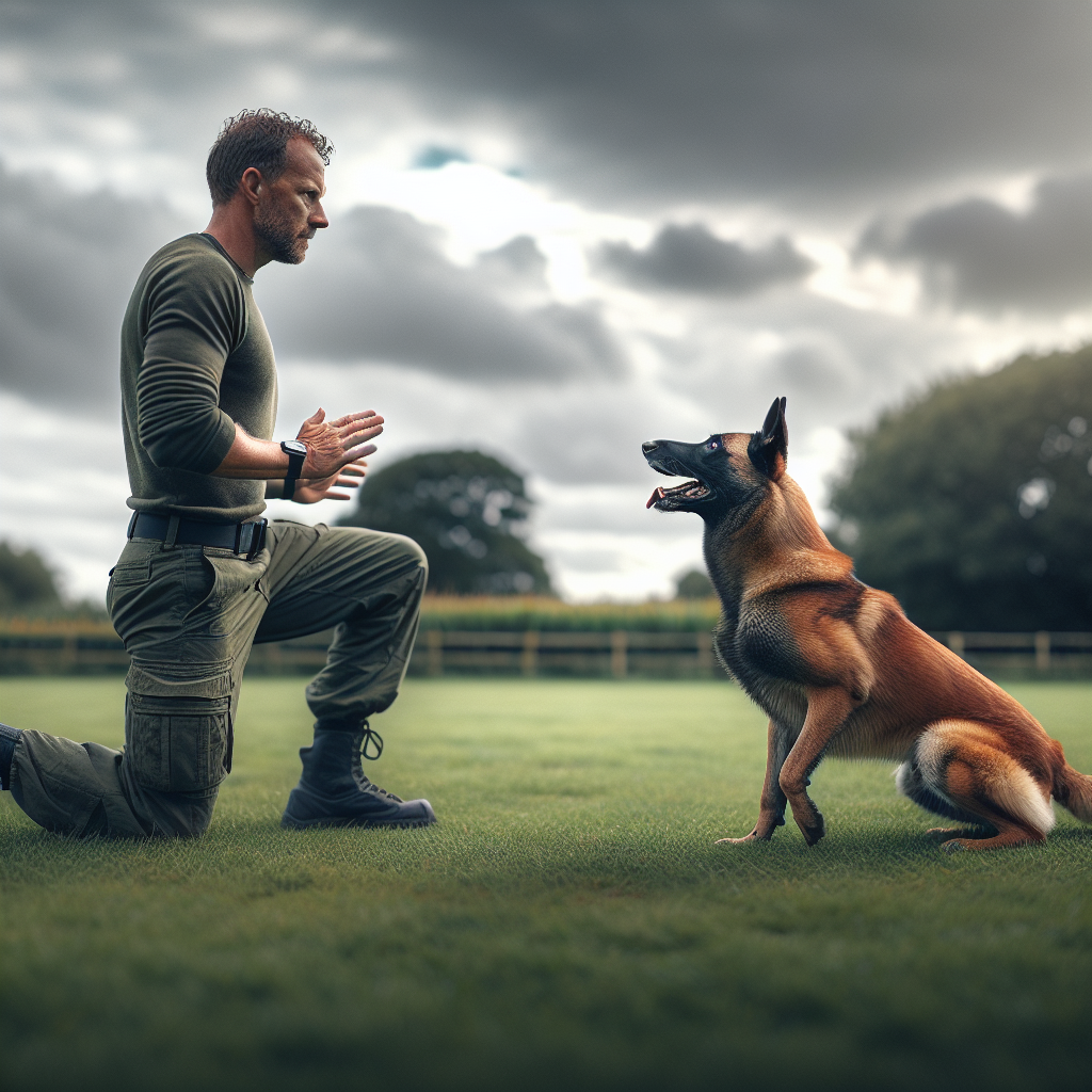 Belgian Malinois heeling beside a Smart trainer on a UK field during IGP practice