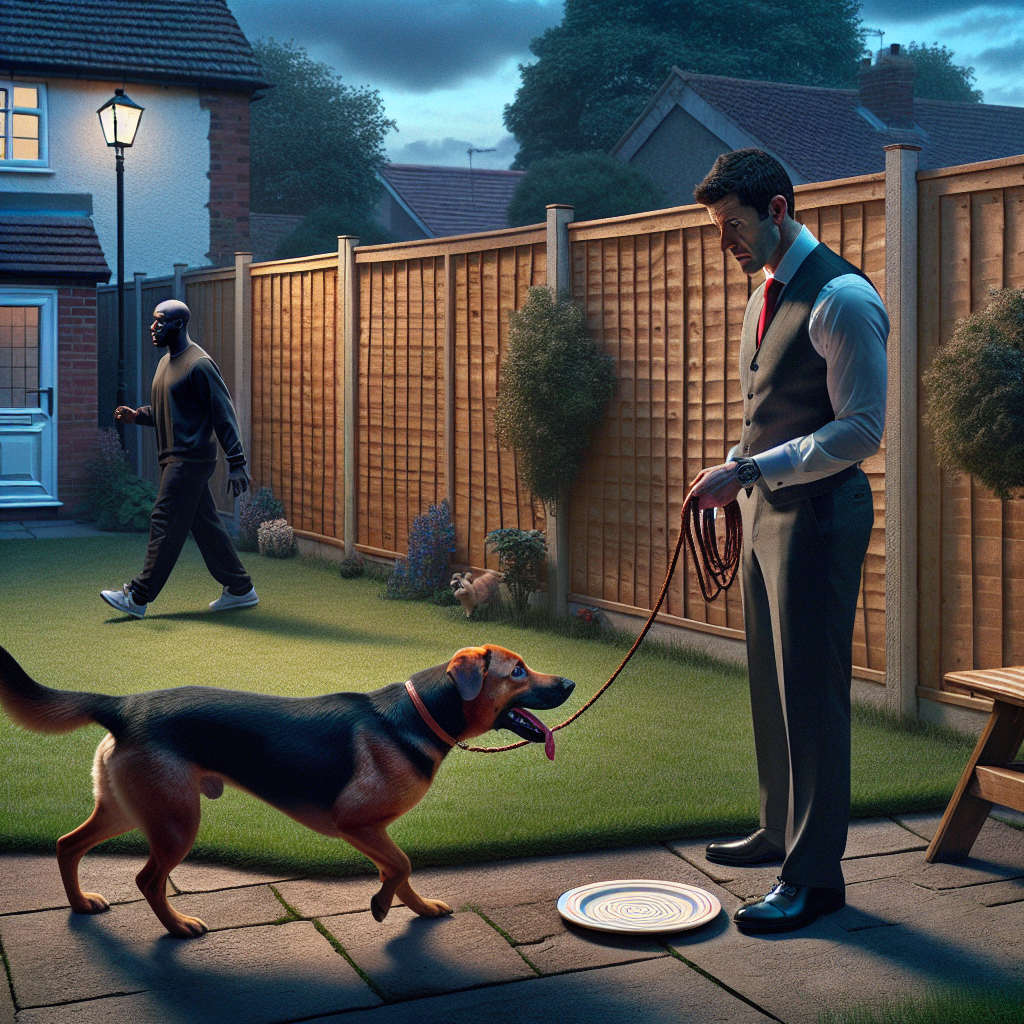 Trainer guiding a dog to stay calm on a garden mat while a neighbour passes by a fence