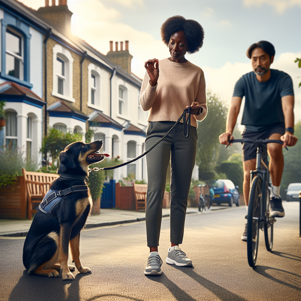 Trainer guiding a dog in a calm heel as a cyclist passes in a UK street during exposure training