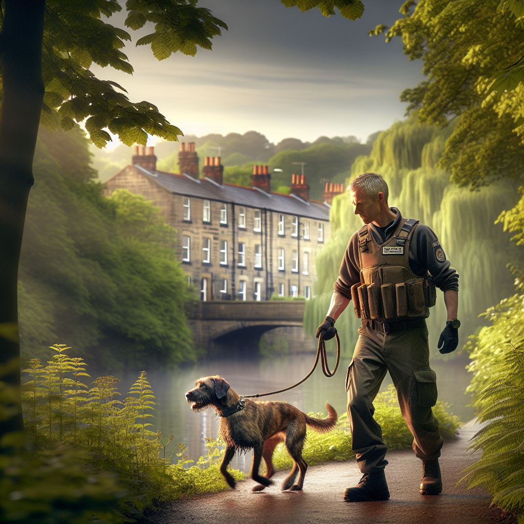 Dog trainer practising recall with a mixed-breed dog on a riverside path in Mexborough