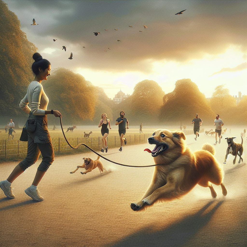Dog sprinting to a UK trainer on a long line during recall practice near distractions in a park