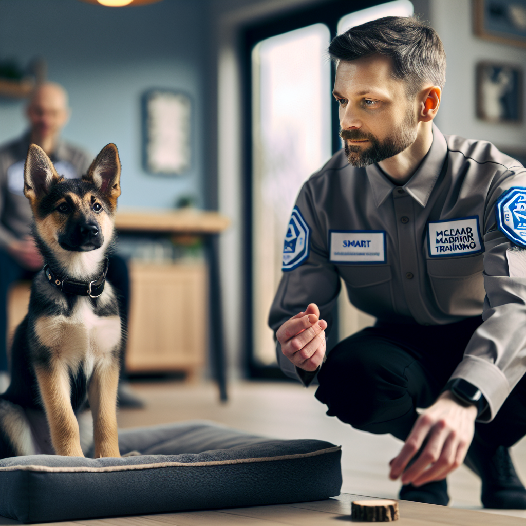 UK trainer demonstrating clear cues and markers with a focused dog on a raised bed in a bright home