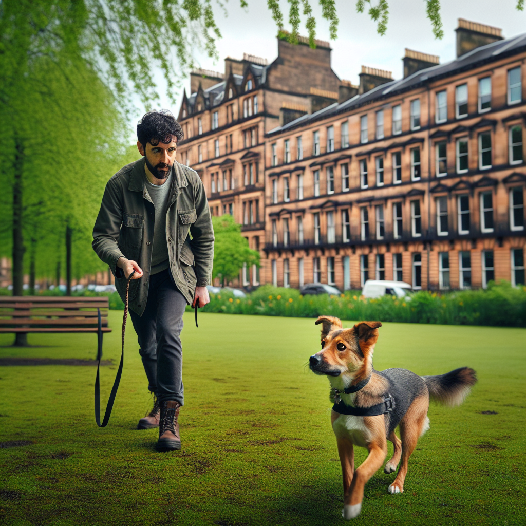 Trainer working heel with a mixed breed dog in a Glasgow city park with sandstone tenements in the background
