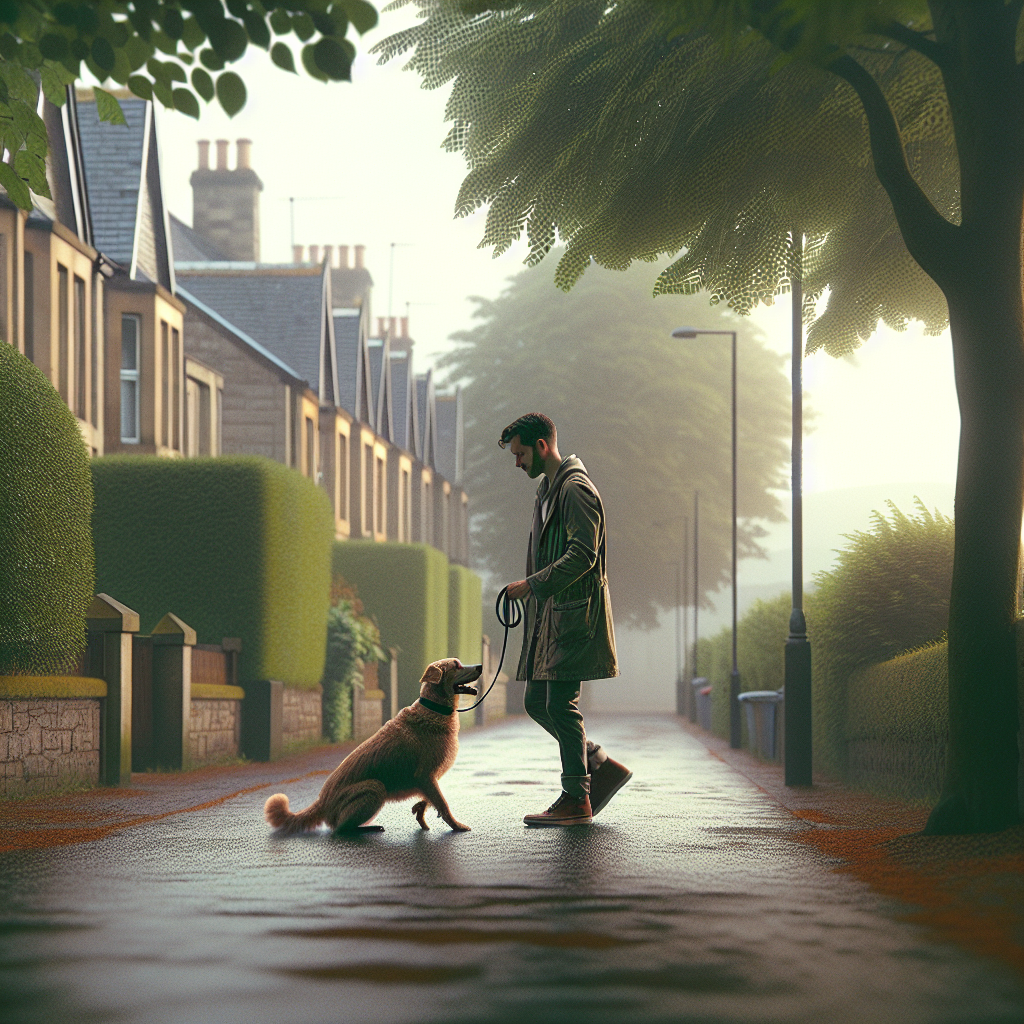 Professional dog trainer practising heel and sit with a mixed breed on a leafy path in Kilmarnock