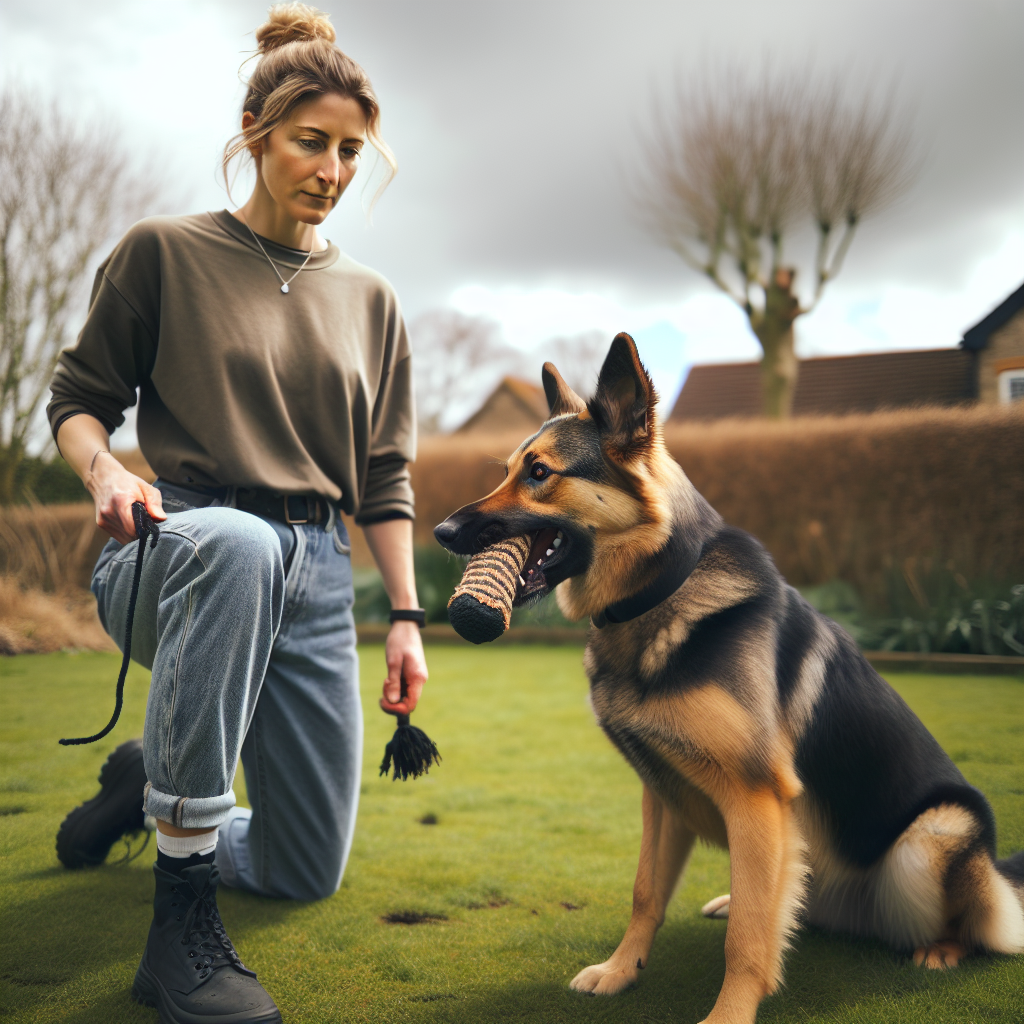 UK dog trainer releasing a shepherd mix to a tug toy after a verbal marker in a suburban park