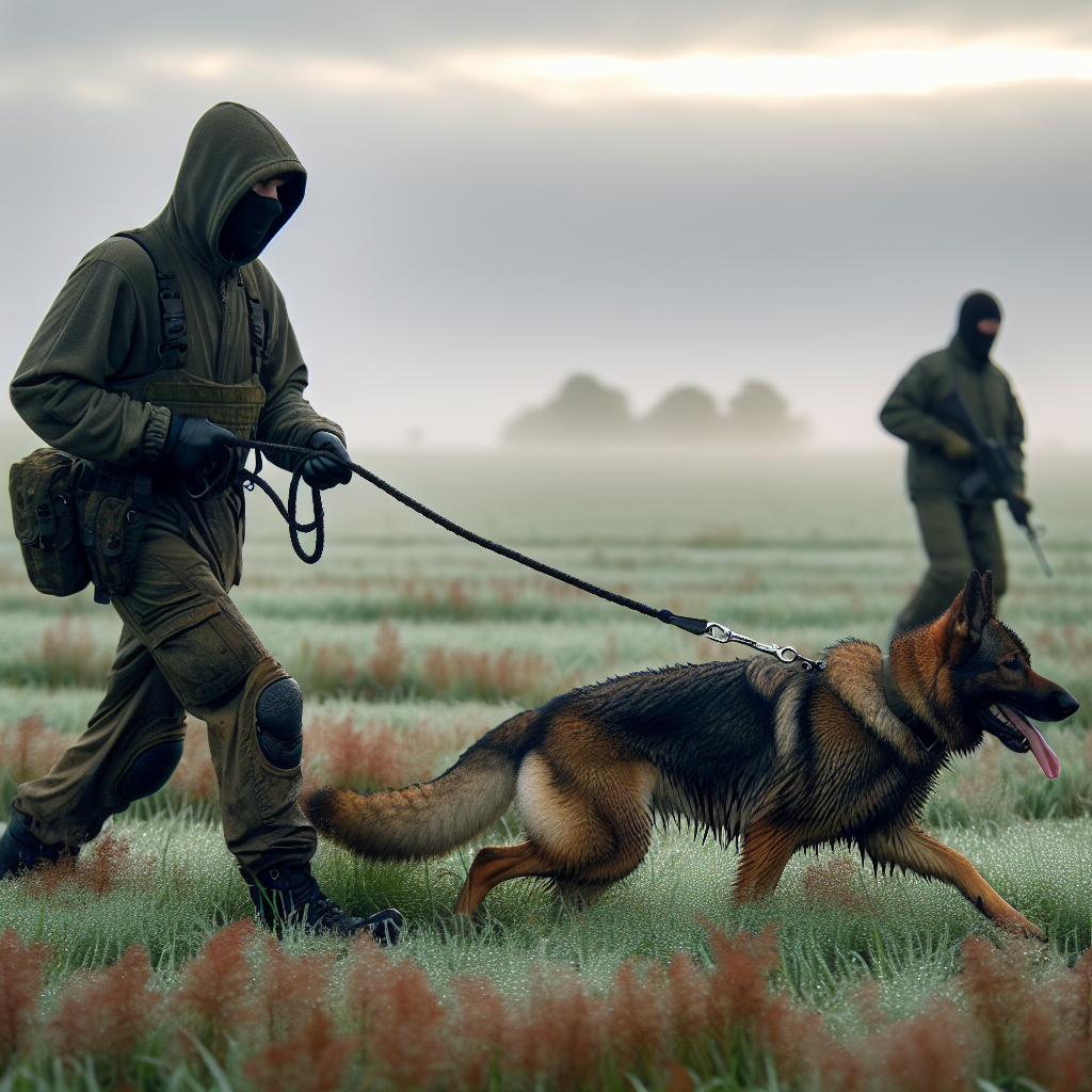 Handler tracking with German Shepherd at a calm pace with neutral line tension in a UK field
