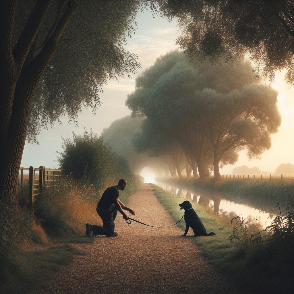 Trainer working on loose lead walking with a dog beside a riverside path in Wisbech