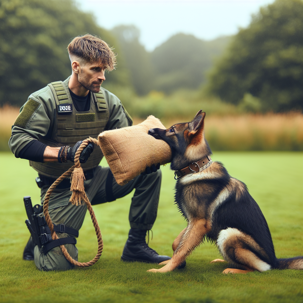 SMDT coaching a young German Shepherd on a bite pillow during foundation protection training
