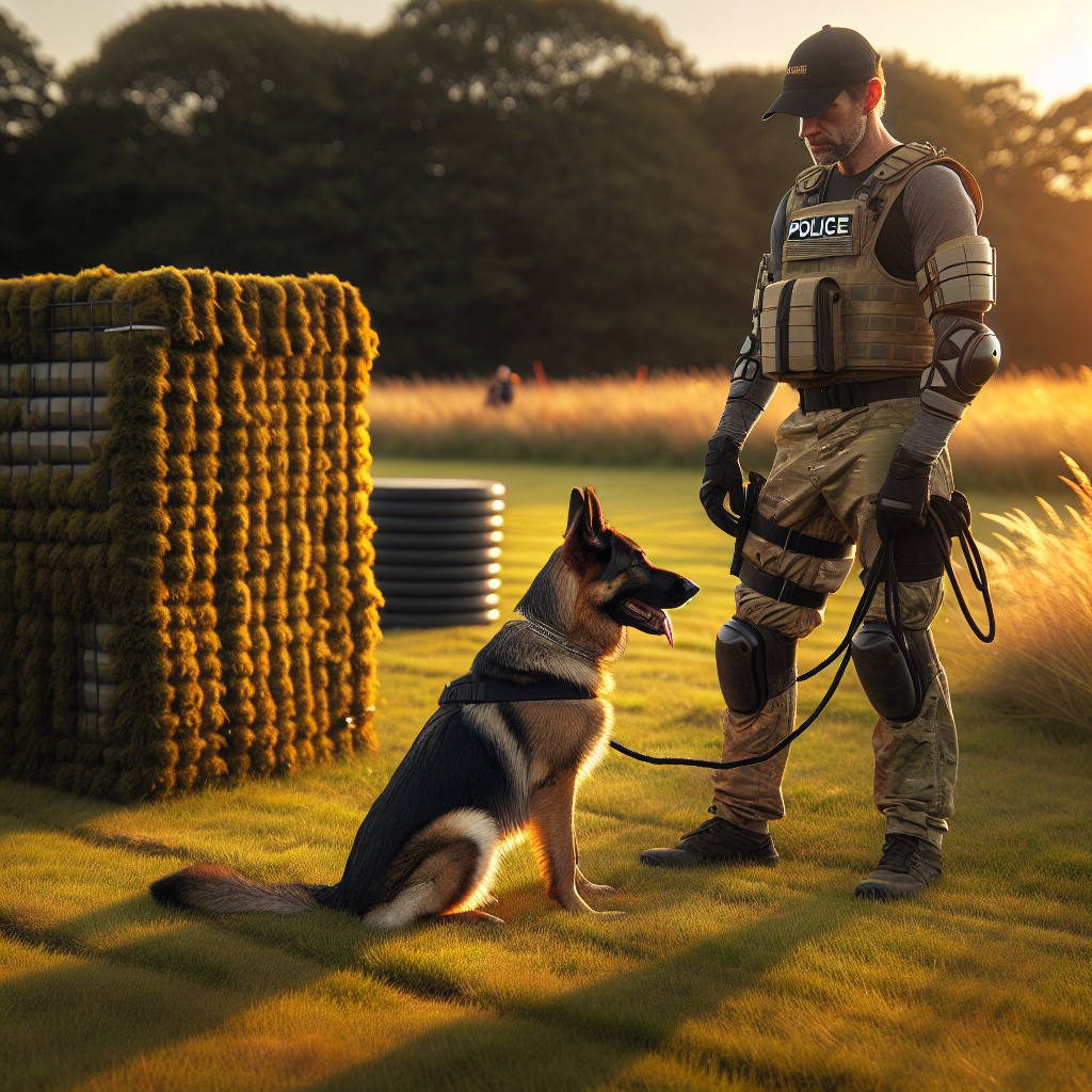 Helper, handler, and German Shepherd practising a controlled bark and hold on an IGP field at sunset