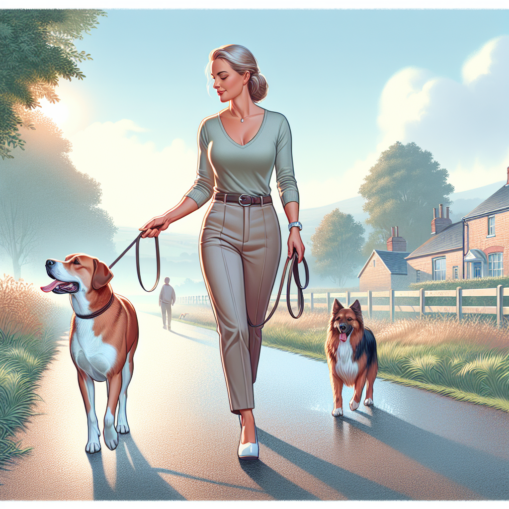 Trainer guiding a dog in heel while calmly passing another dog on a UK village path