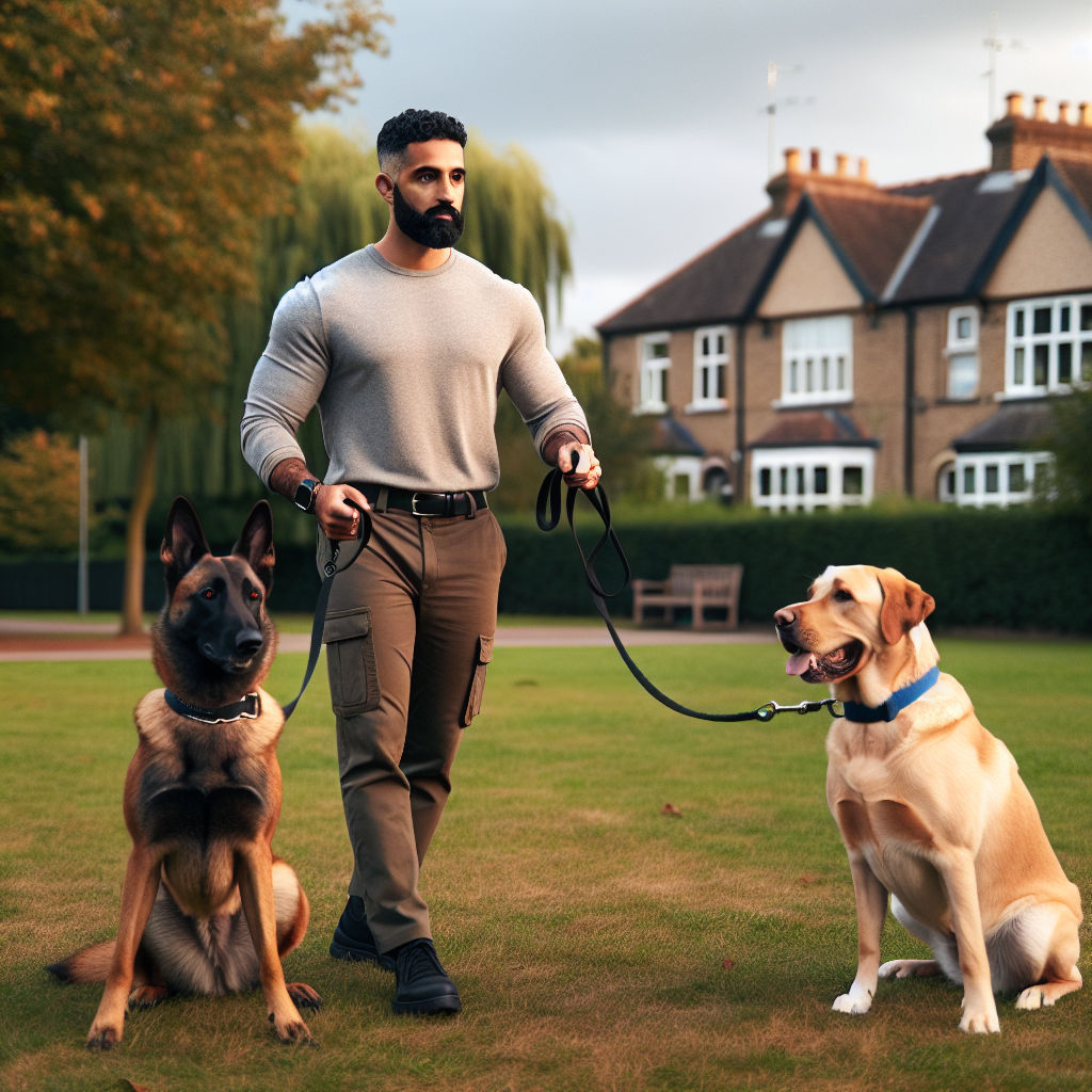 UK trainer working with a Malinois and a Labrador using markers and leash guidance in a suburban park