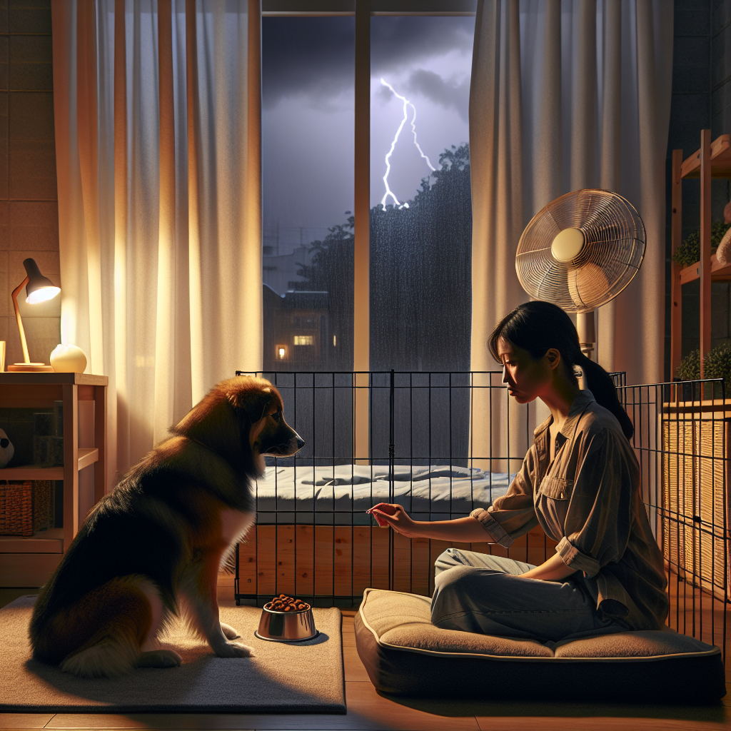 Trainer guiding a calm dog to place during a UK thunderstorm at home
