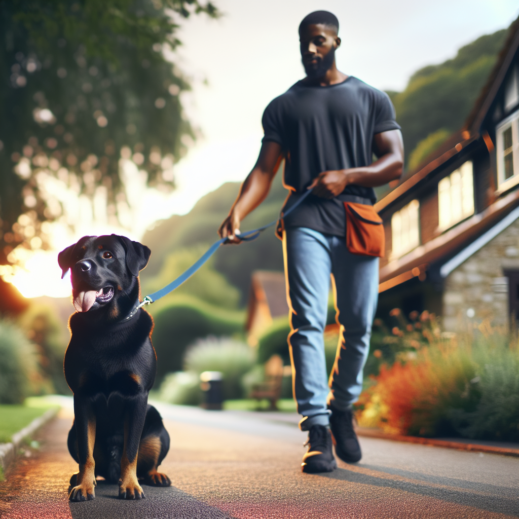 Trainer guiding a dog to check in with eye contact during a loose lead walk on a UK pavement