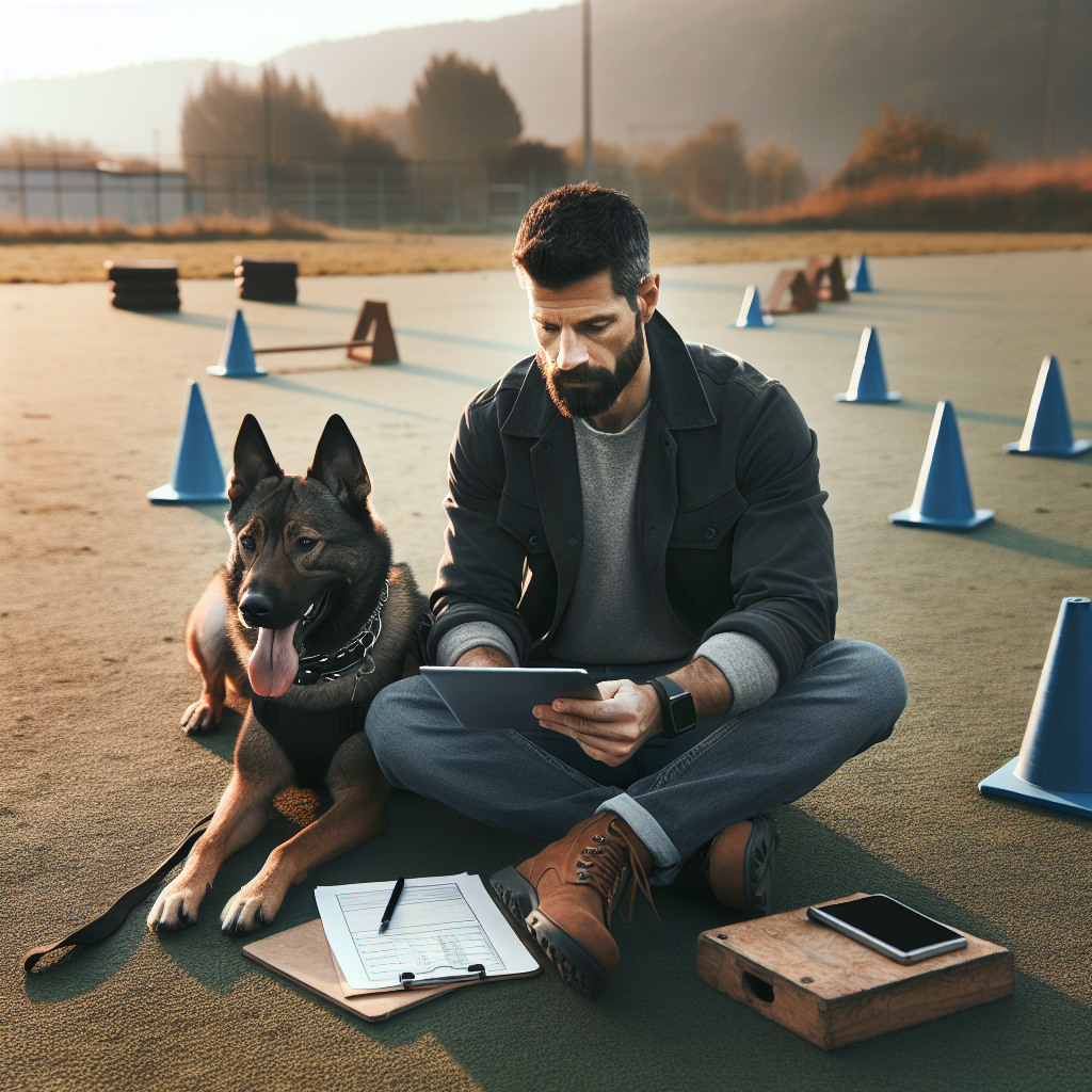 Handler and working dog reviewing trial footage on a tablet at a UK training field