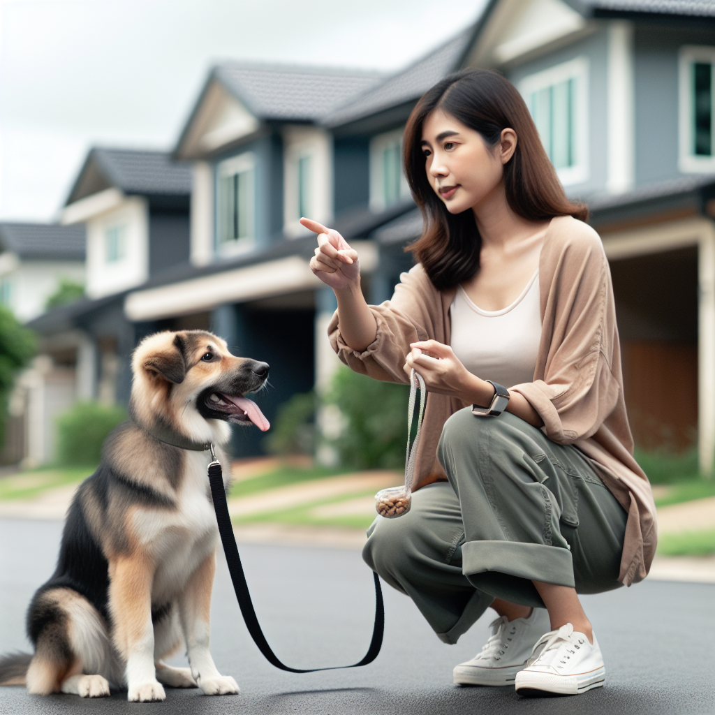 UK trainer rewarding a mixed breed dog for checking in during a calm street walk