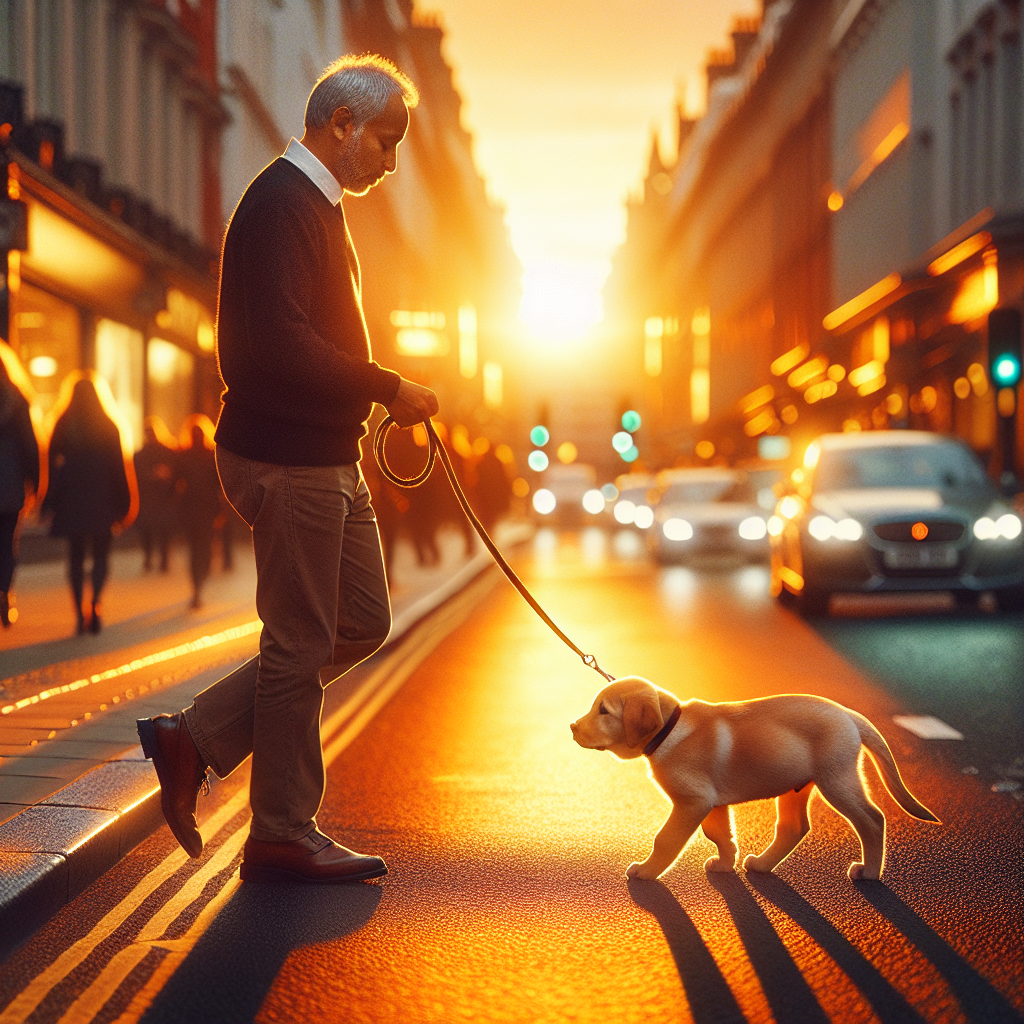 Trainer guiding a focused Labrador puppy on a loose lead along a UK street at sunset