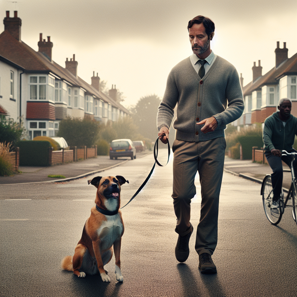 UK trainer teaching loose lead walking to a mixed breed dog while another dog passes at a safe distance