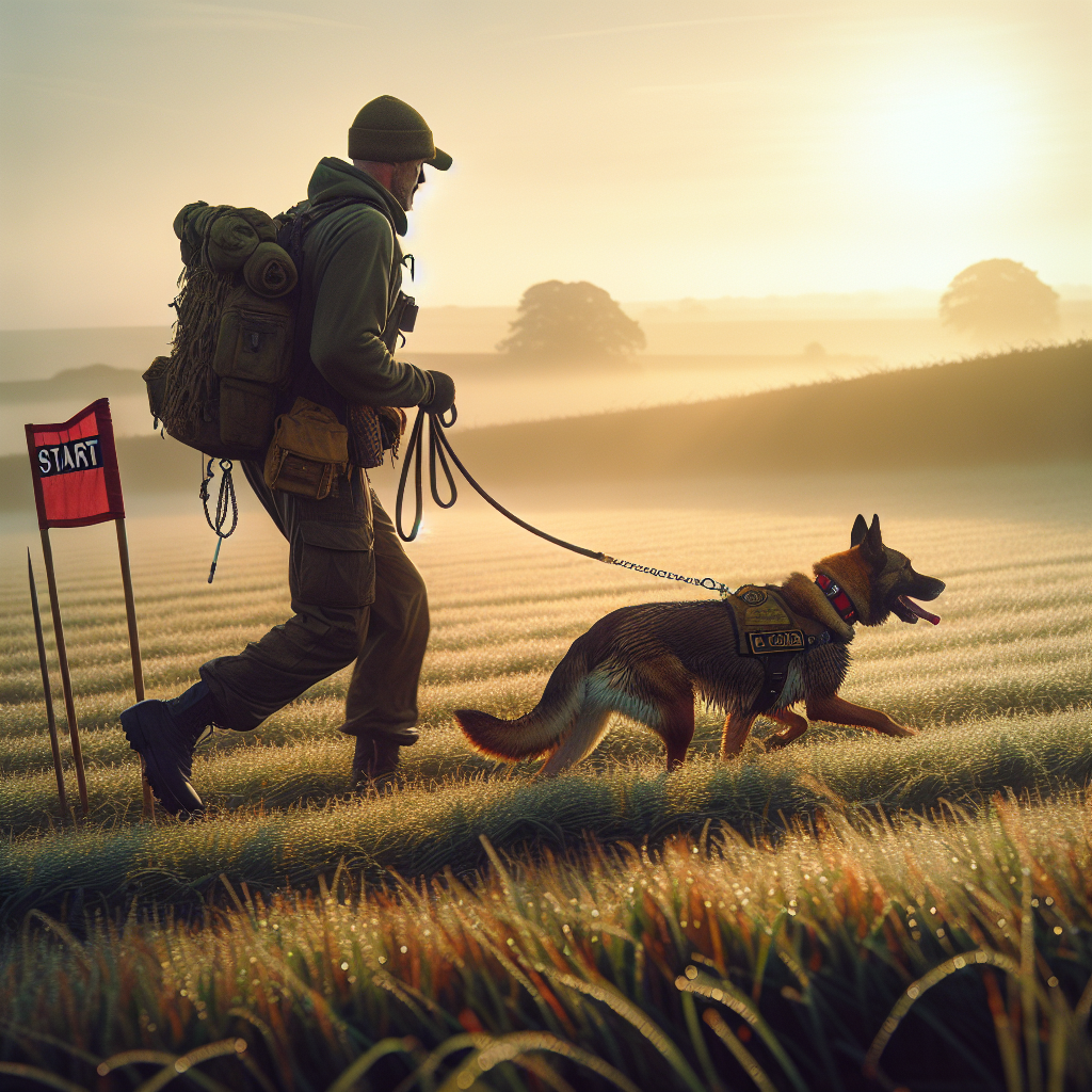 Trainer guiding a working dog on an IGP tracking line across a dewy UK field with a start flag