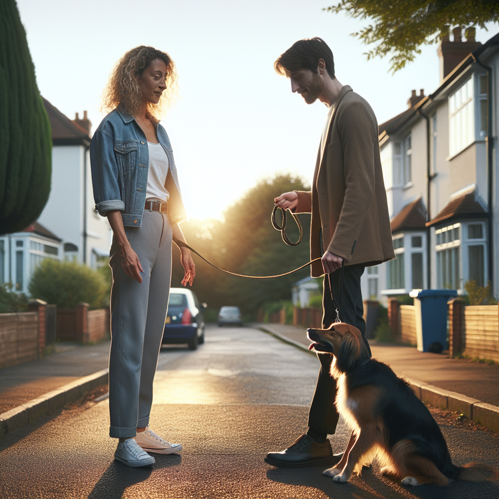 Owner and trainer guiding a calm dog on a loose lead along a UK street