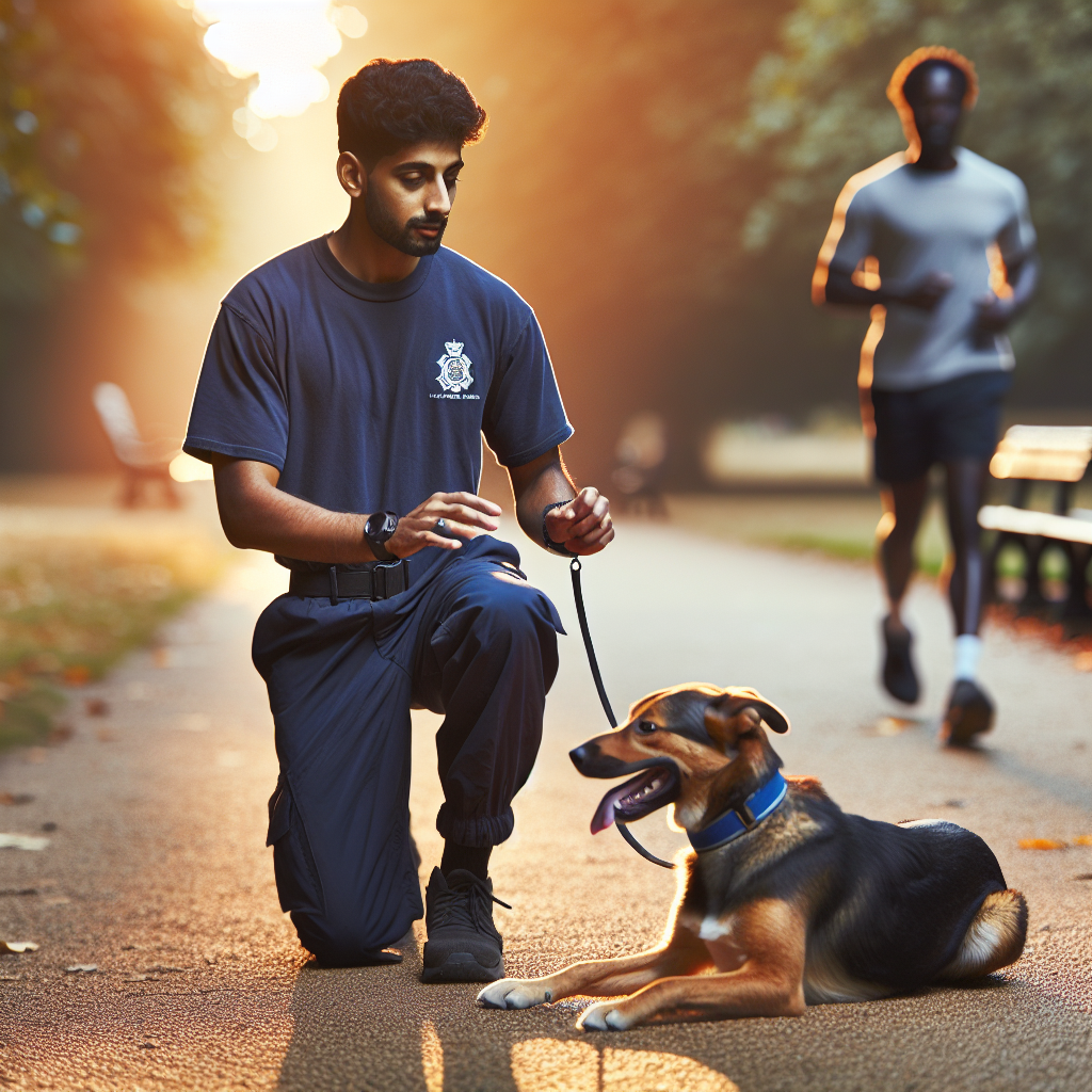 UK trainer guiding a mixed breed dog to stay calm as a jogger passes on a park path