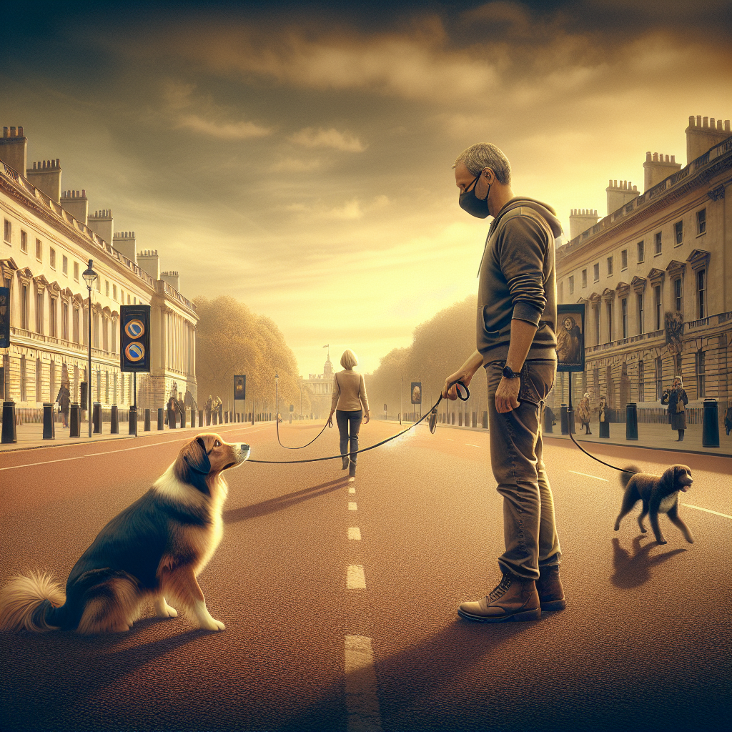 Trainer guiding a calm dog to look away from another dog at a safe distance on a UK pavement