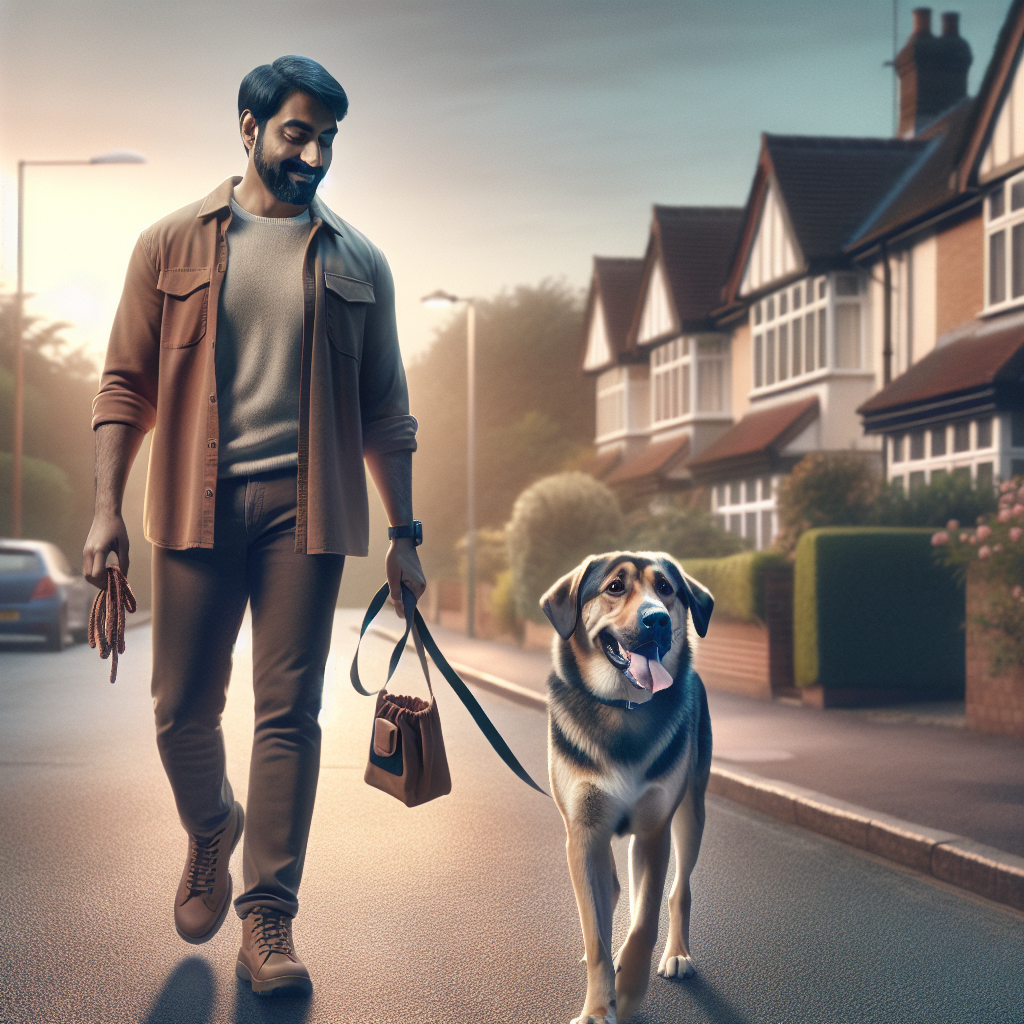 Smart trainer practising loose leash walking with a calm dog on a quiet UK street