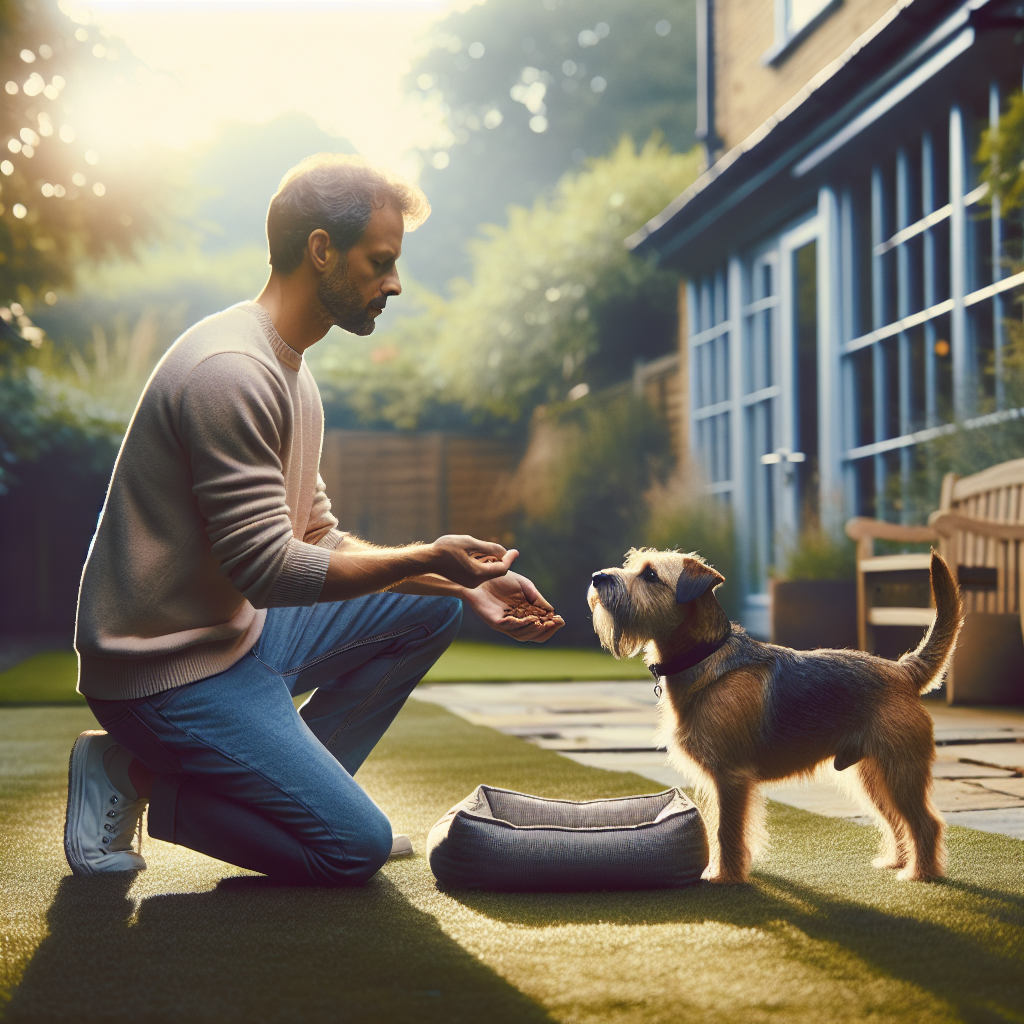 Trainer and dog practising a short, calm session with a place bed in a quiet UK garden