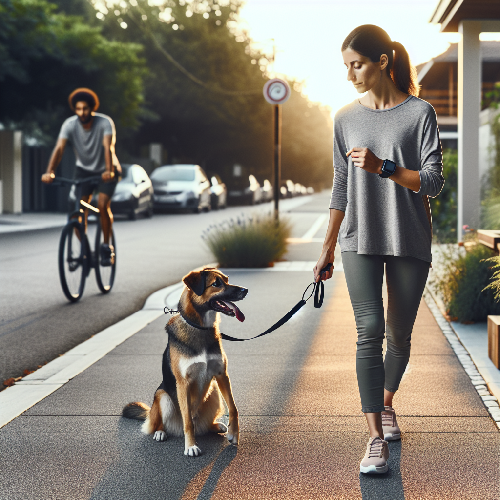 Trainer rewarding a focused dog for loose leash walking on a quiet UK street