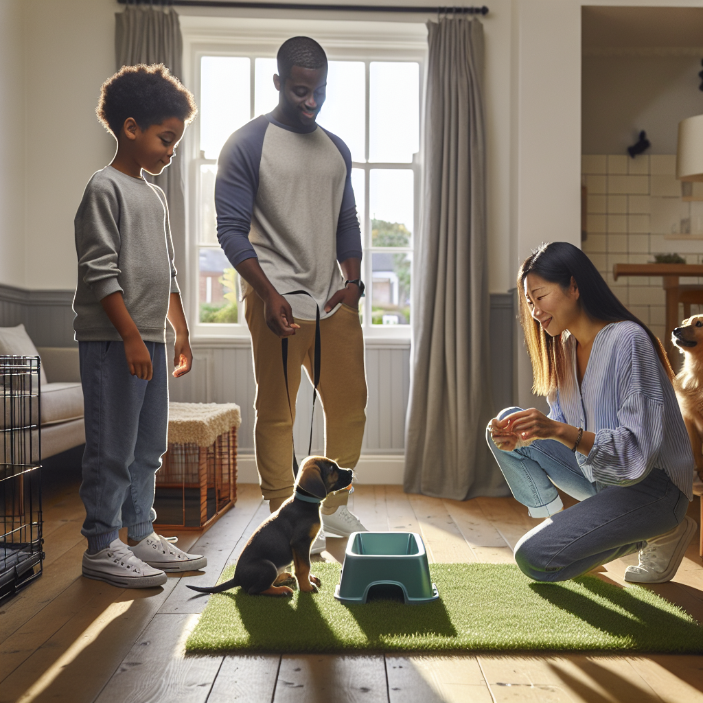 UK trainer guiding a puppy to an indoor grass toilet tray with family watching in a bright flat living room