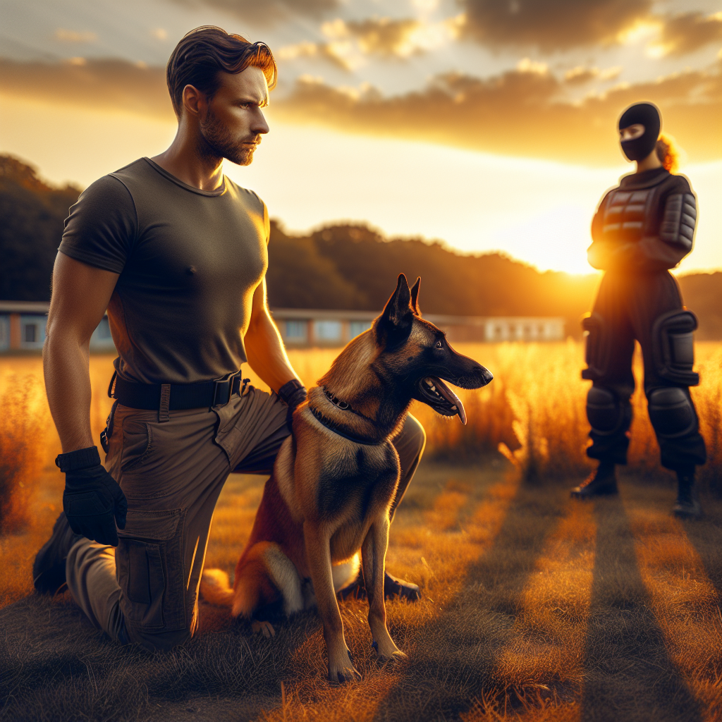 Trainer heeling a calm Malinois before protection work as a decoy waits at distance on a UK field