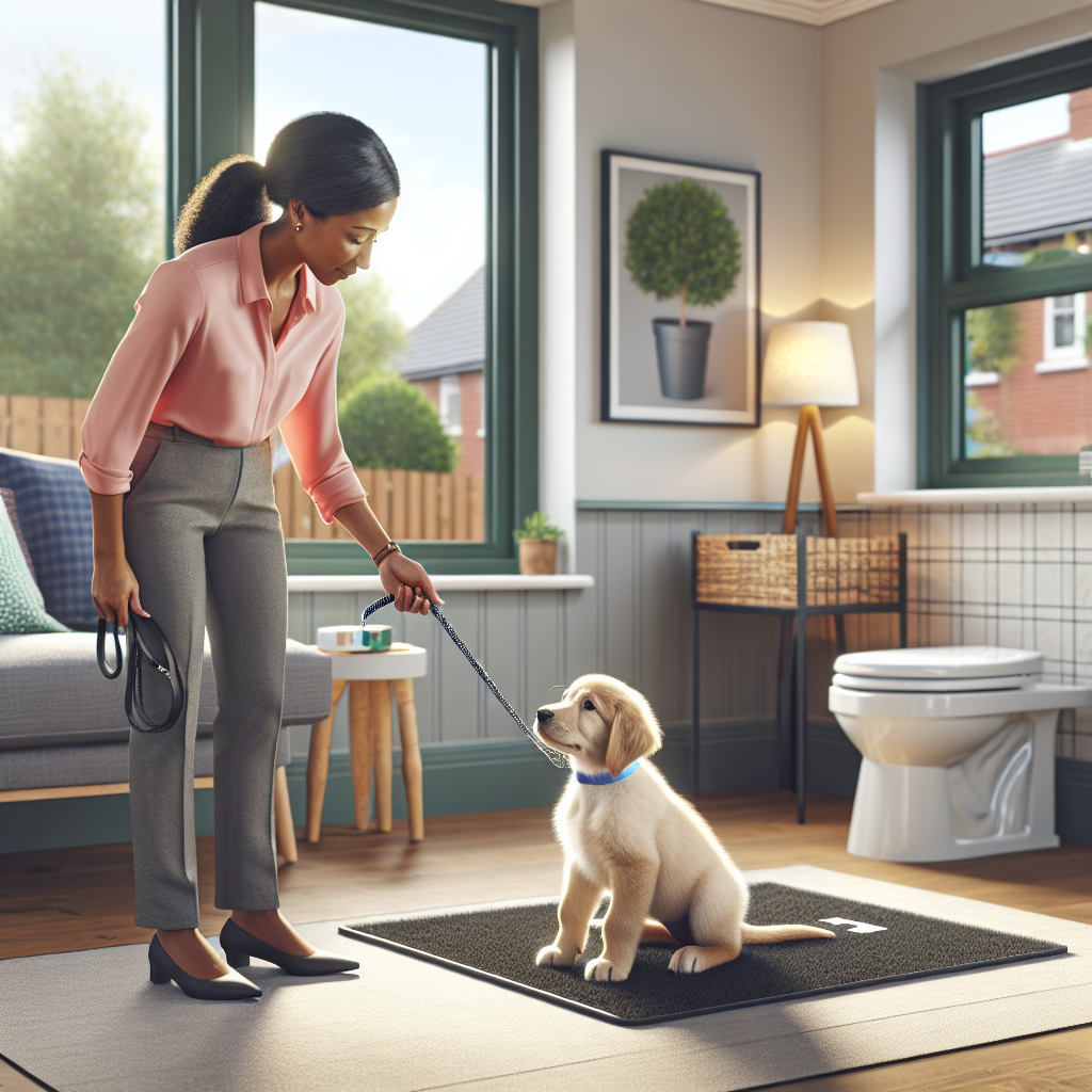 Trainer guiding a puppy to an indoor toilet pad and rewarding calm success in a UK home