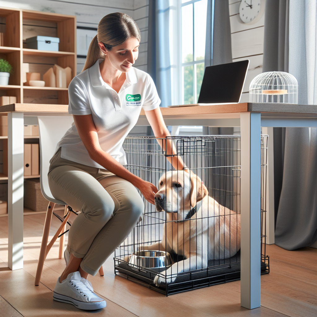 Trainer guiding a calm Labrador to settle in a crate beside a UK home office desk