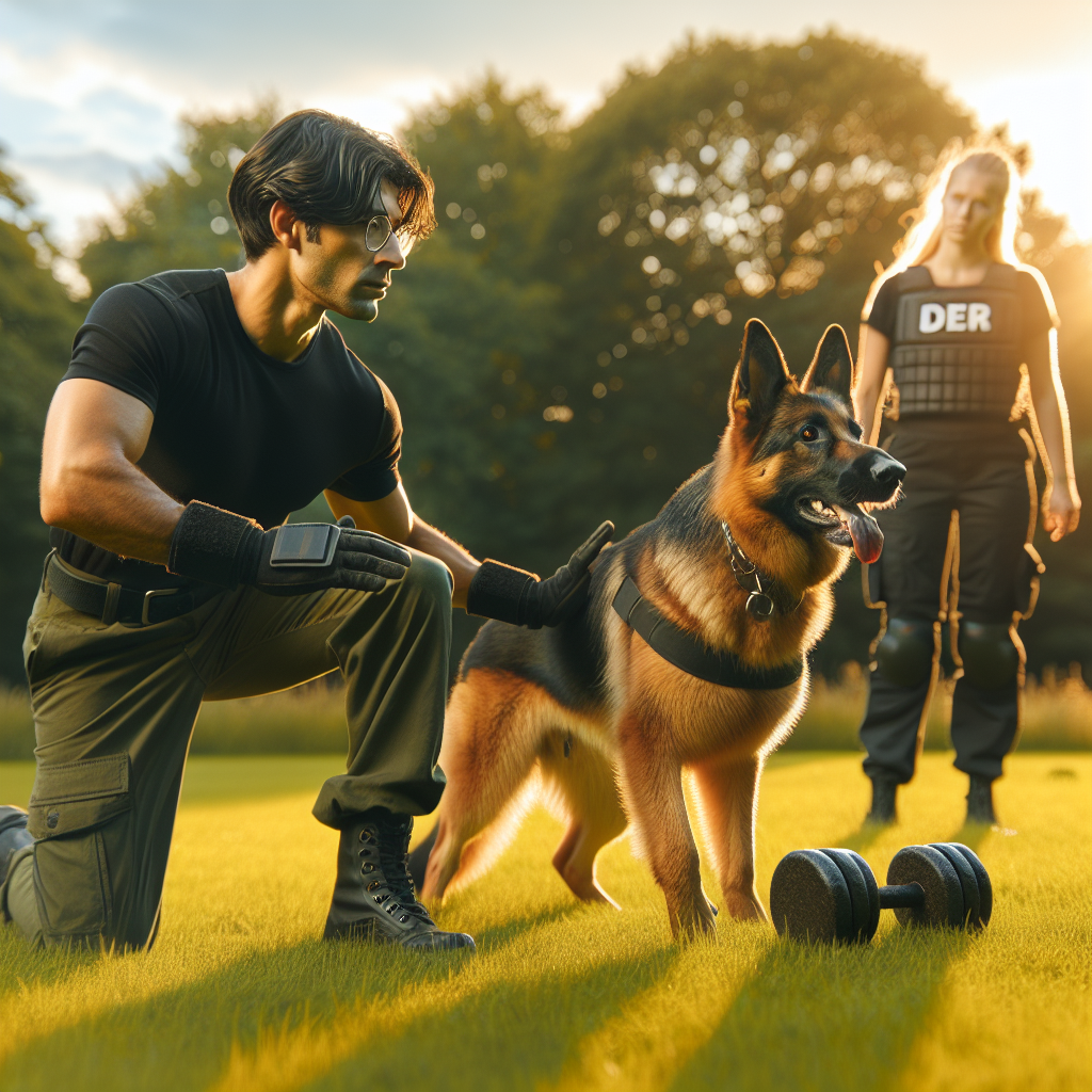 SMDT guiding a German Shepherd through IGP-style obedience on a UK field at sunset