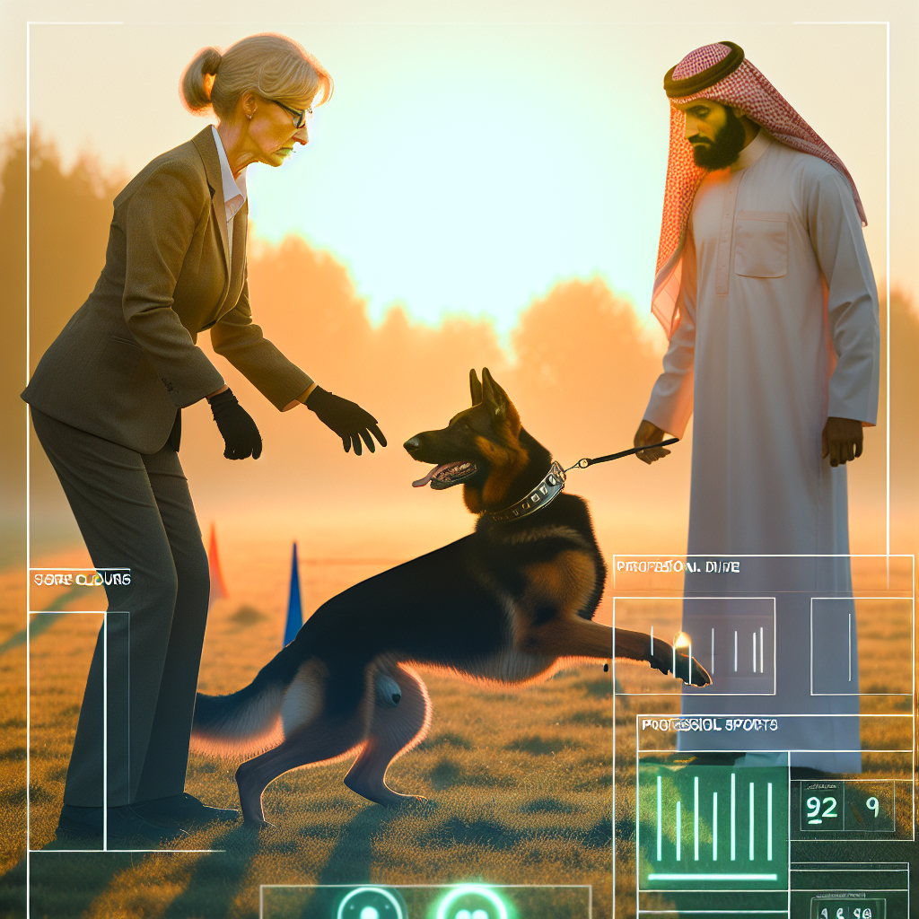 IGP dog and handler heeling precisely past a judge on a UK trial field at sunrise