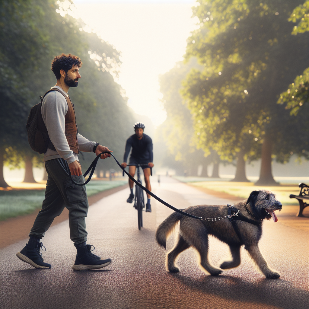Dog trainer guiding a calm heel as a cyclist and jogger pass on a UK park path