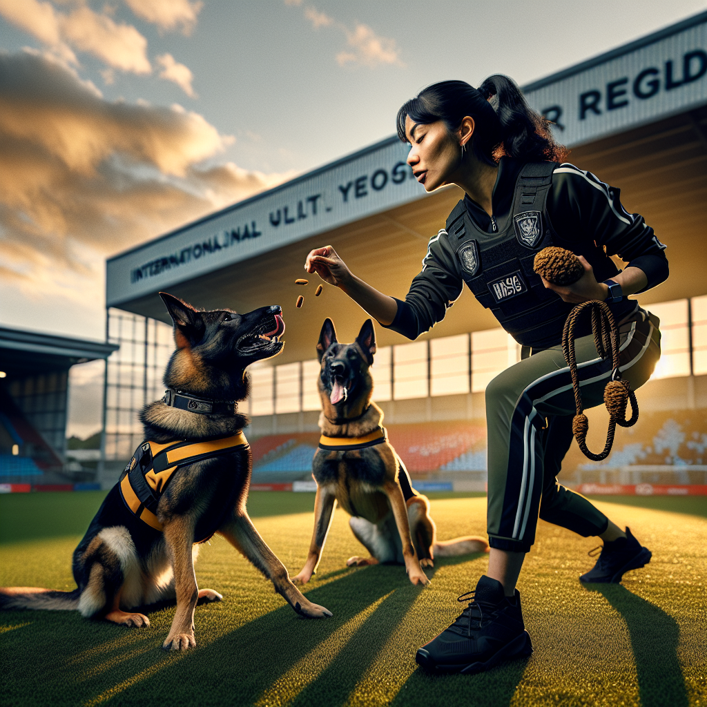Trainer working German Shepherd, Malinois, and Dutch Shepherd on IGP skills in a UK field at golden hour