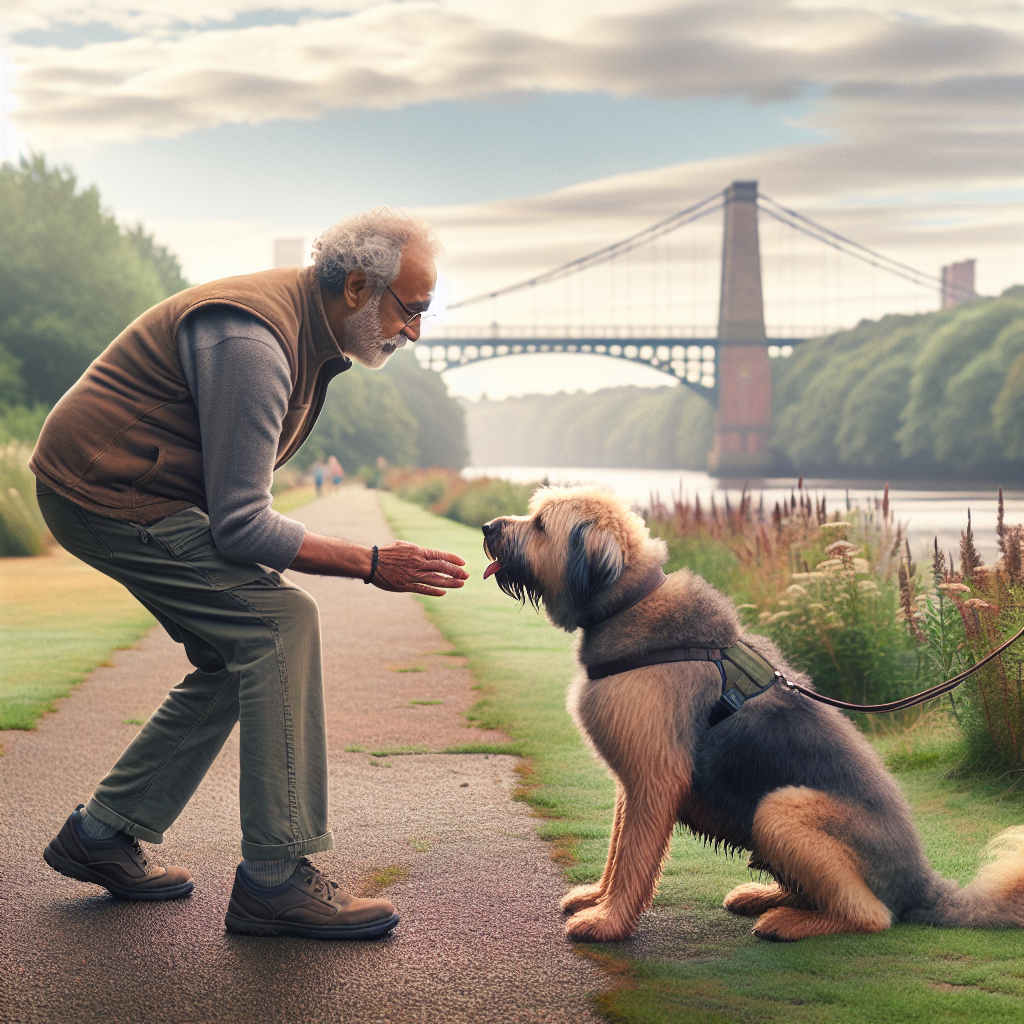 Trainer guiding a dog at heel near the River Tees in Stockton-on-Tees during a place exercise