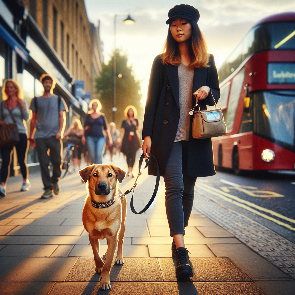 Trainer walking a focused dog on a loose lead along a busy UK city pavement at golden hour
