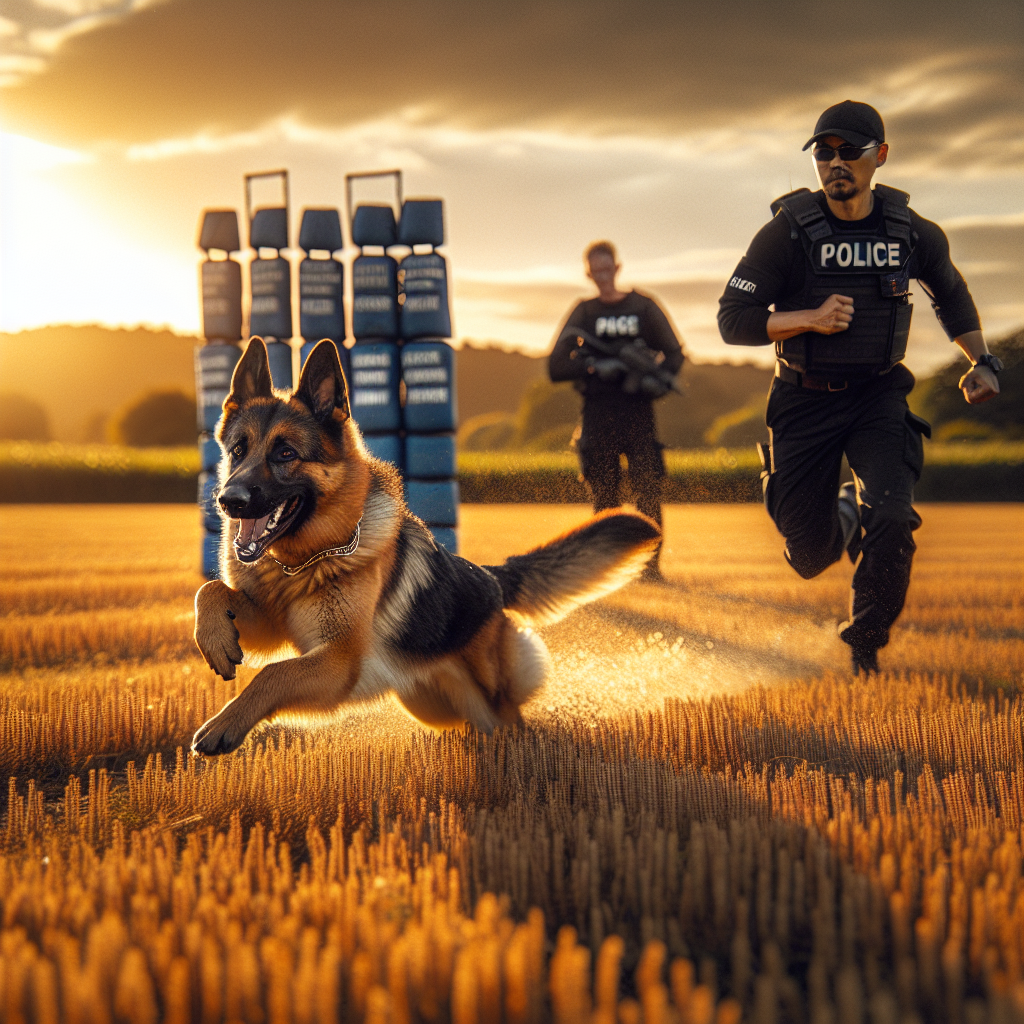 German Shepherd sprinting toward a decoy on a UK field during courage test training