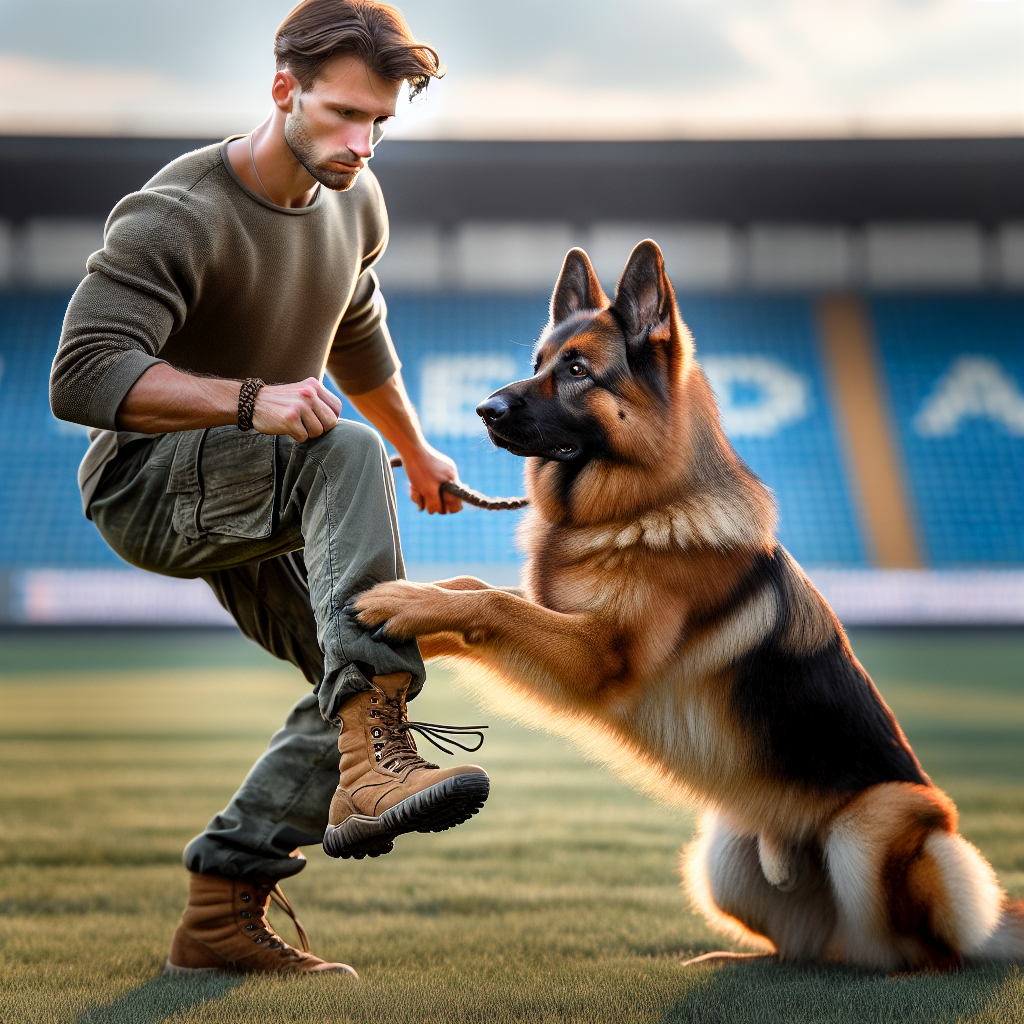 IGP handler and German Shepherd performing a precise focused heel on a UK training field