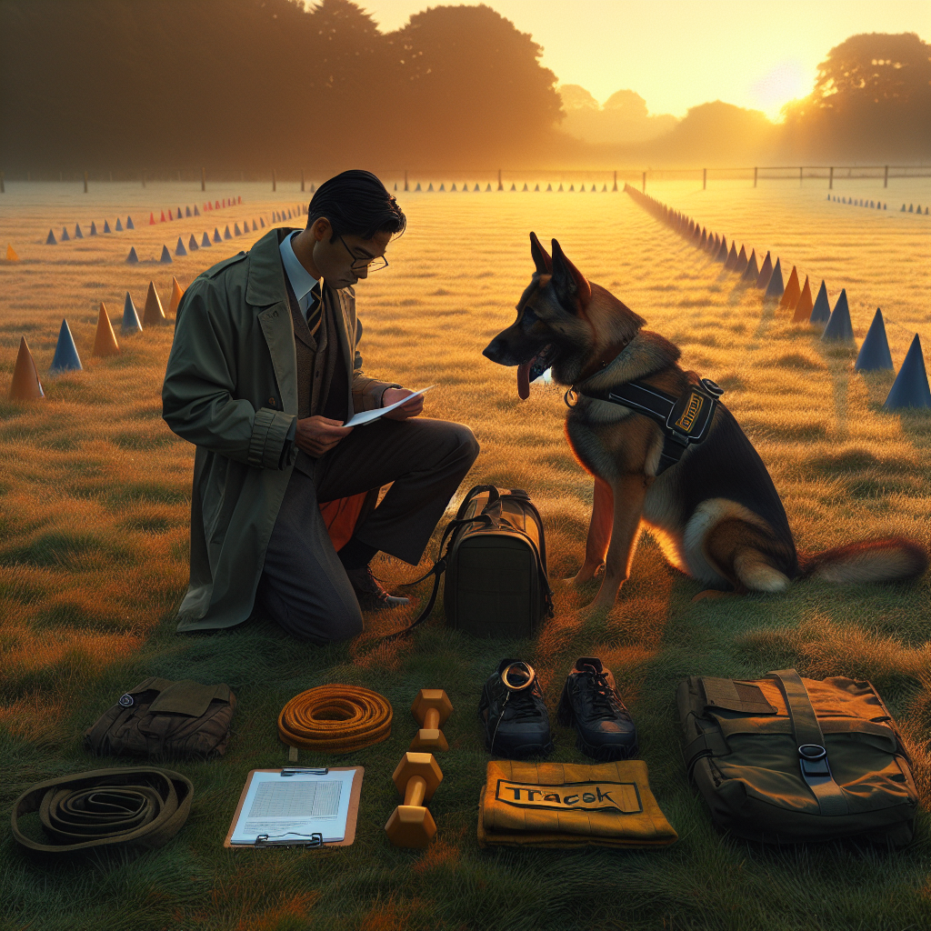 Handler and German Shepherd preparing for an IGP trial with gear laid out at a UK field