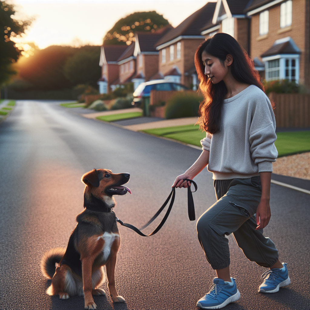 UK trainer guides a reactive mixed-breed dog on a quiet street, practising calm focus at a safe distance from another dog