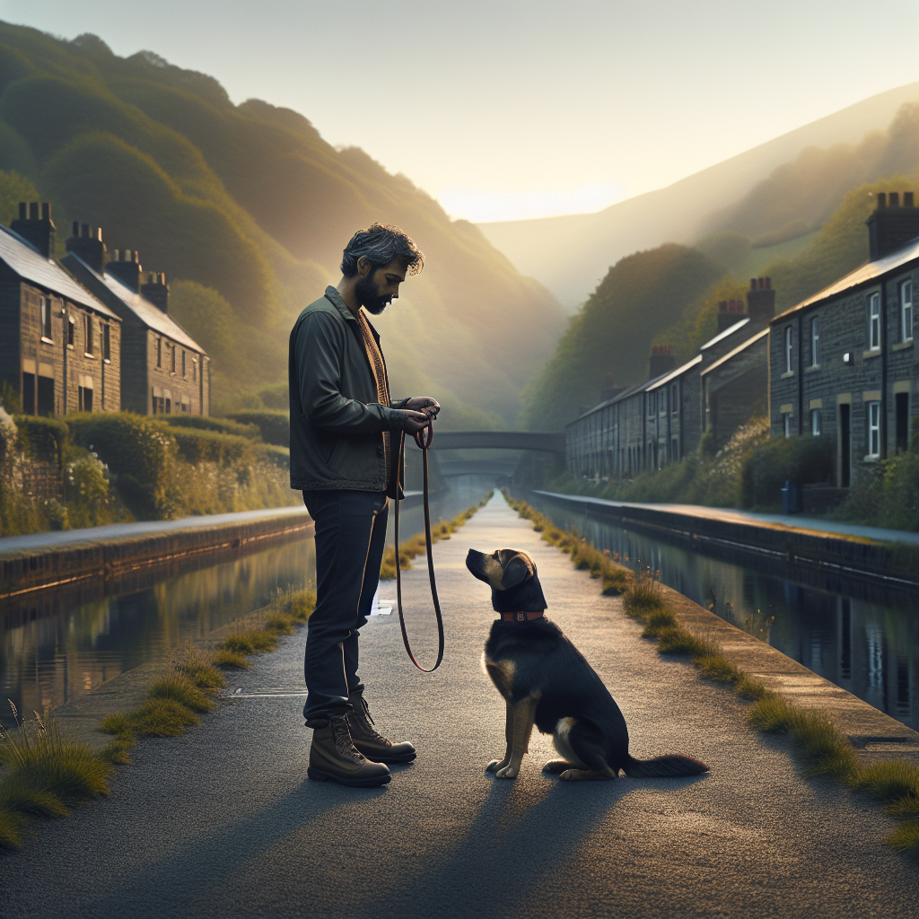 Trainer practicing loose-lead heel and sit with a mixed-breed dog near a towpath and hills in a UK town