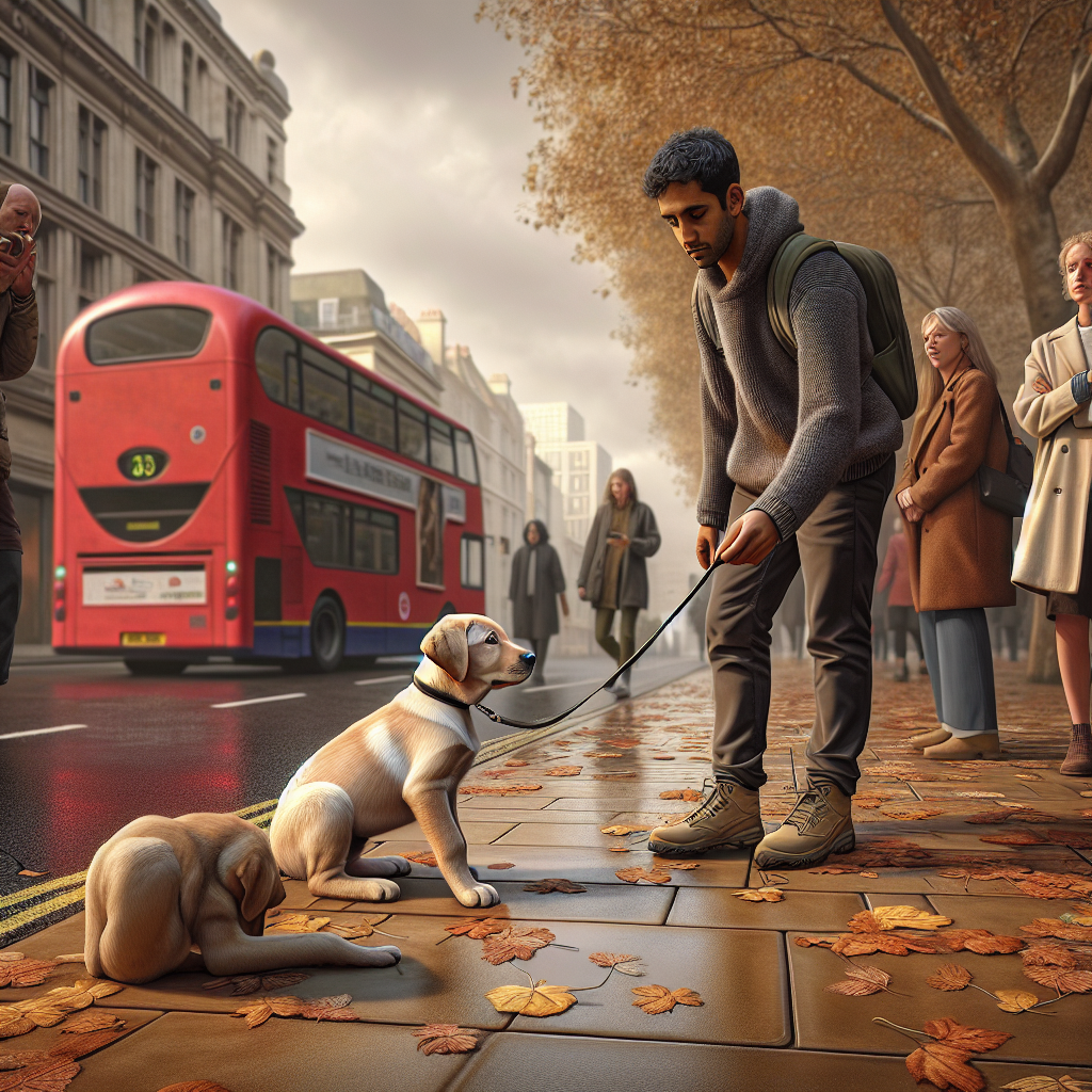 Trainer guiding a calm puppy on a loose leash in a busy UK street with people and buses passing