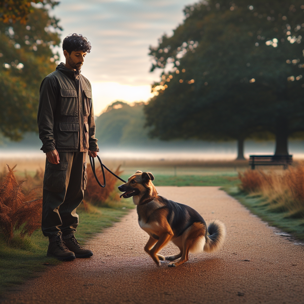 UK dog trainer demonstrating calm heelwork with a focused shepherd mix in a quiet park
