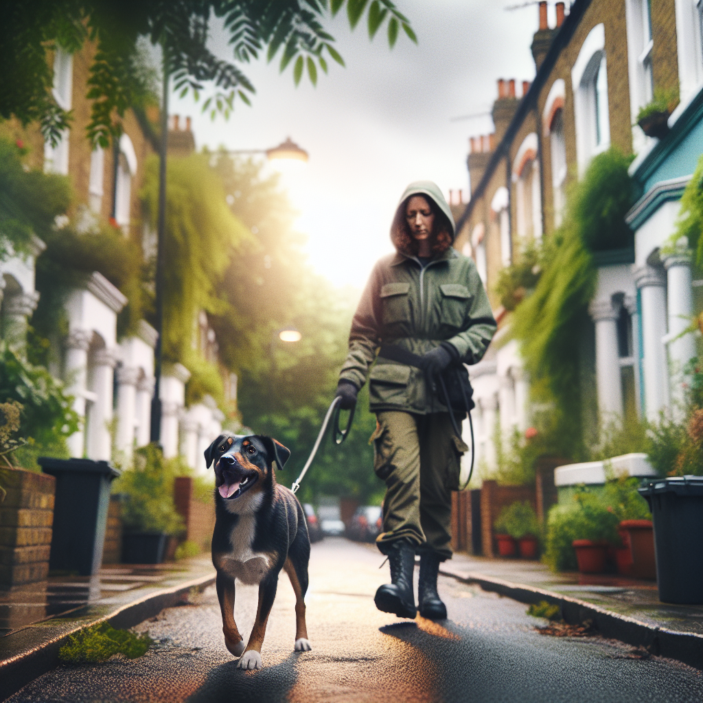 Trainer working on loose lead walking with a mixed breed dog on a leafy Lewisham street